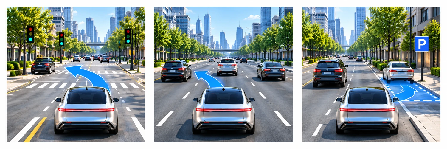 Turn, change lane and park illustrations