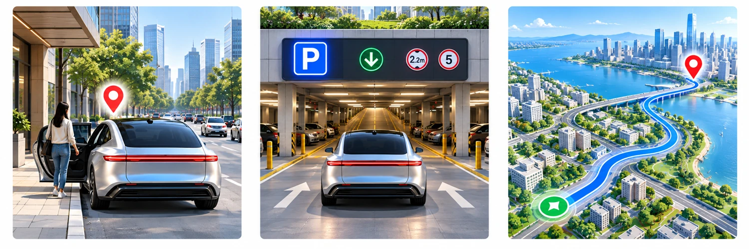 Passenger pickup, parking garage and scenic route illustrations